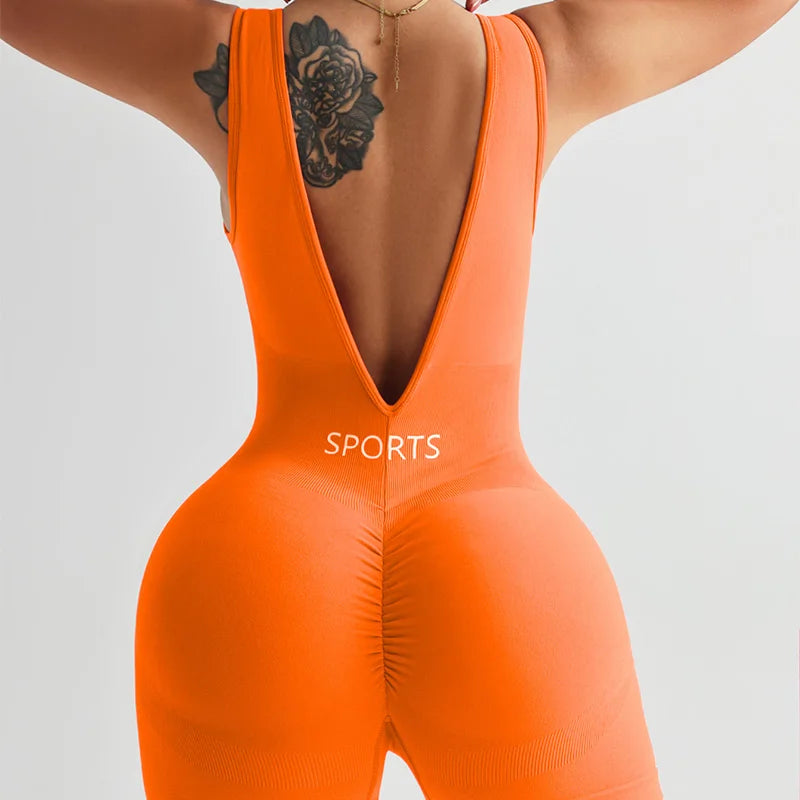 Solid Color Deep V Backless Yoga Jumpsuit Tight Fitting Short Shapewear