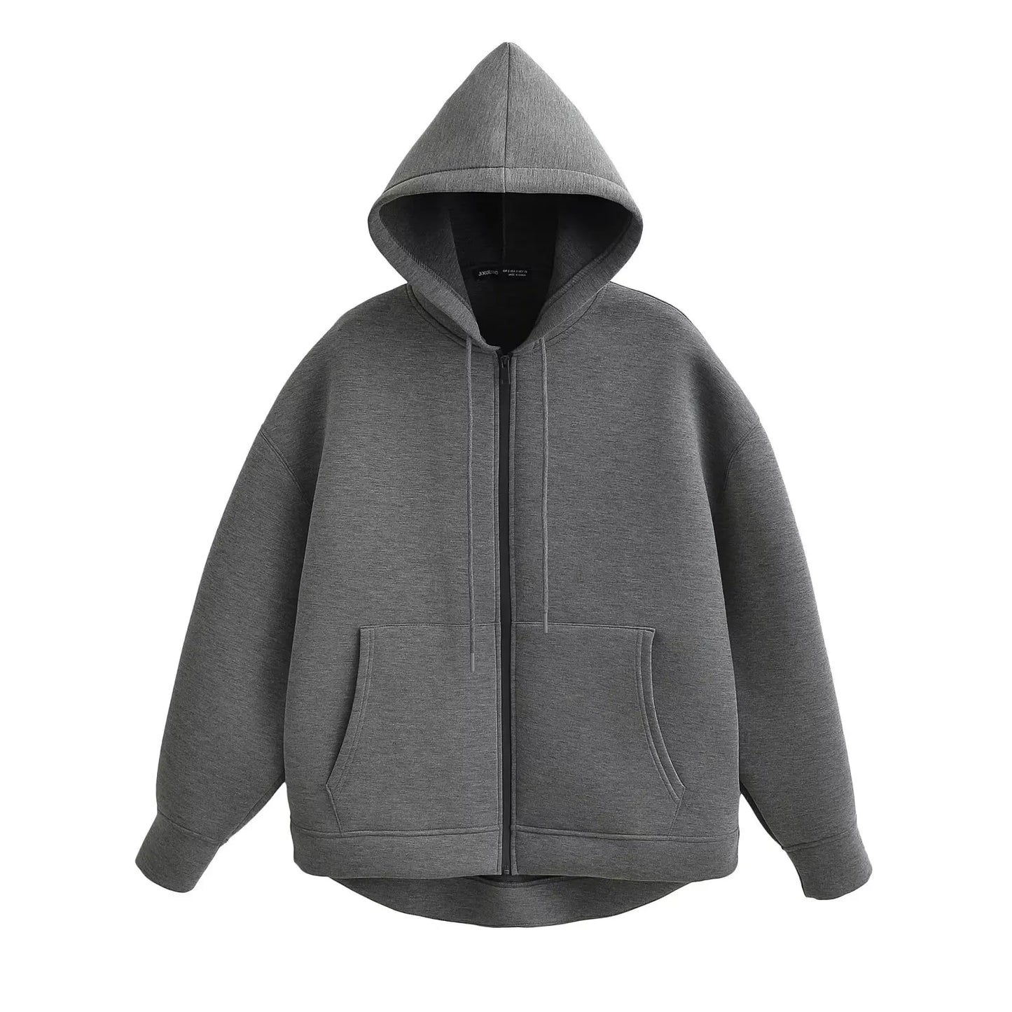Gray Jacket With Hood Long Sleeve Big Pocket Zipper Jacket Coat Women