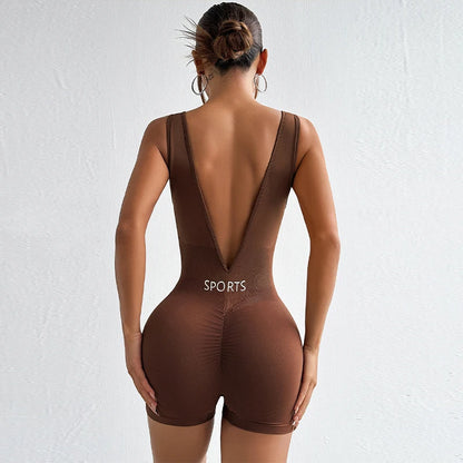 Solid Color Deep V Backless Yoga Jumpsuit Tight Fitting Short Shapewear