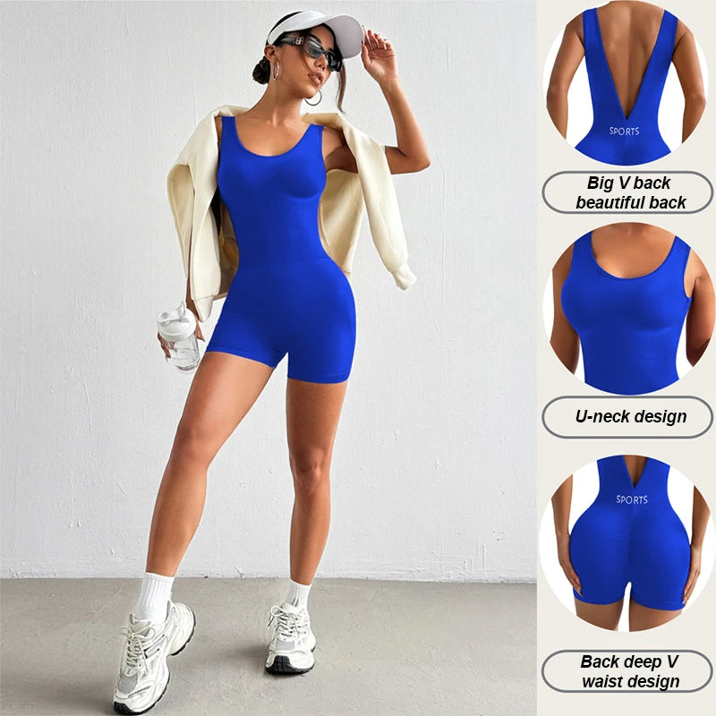 Solid Color Deep V Backless Yoga Jumpsuit Tight Fitting Short Shapewear
