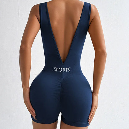 Solid Color Deep V Backless Yoga Jumpsuit Tight Fitting Short Shapewear