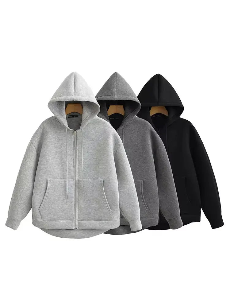 Gray Jacket With Hood Long Sleeve Big Pocket Zipper Jacket Coat Women