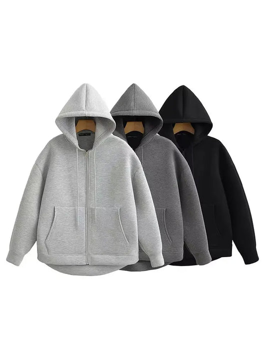Gray Jacket With Hood Long Sleeve Big Pocket Zipper Jacket Coat Women