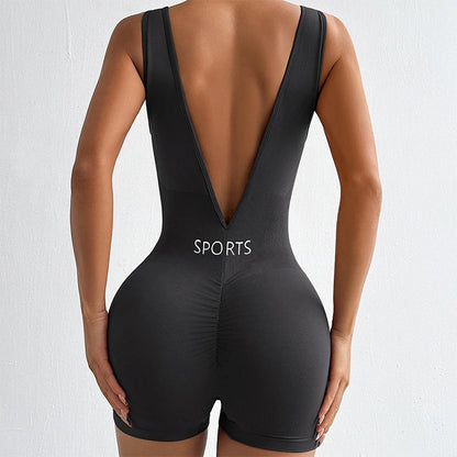 Solid Color Deep V Backless Yoga Jumpsuit Tight Fitting Short Shapewear