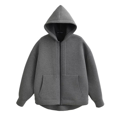 Gray Jacket With Hood Long Sleeve Big Pocket Zipper Jacket Coat Women