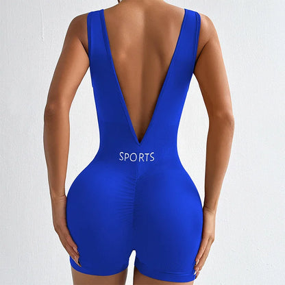 Solid Color Deep V Backless Yoga Jumpsuit Tight Fitting Short Shapewear