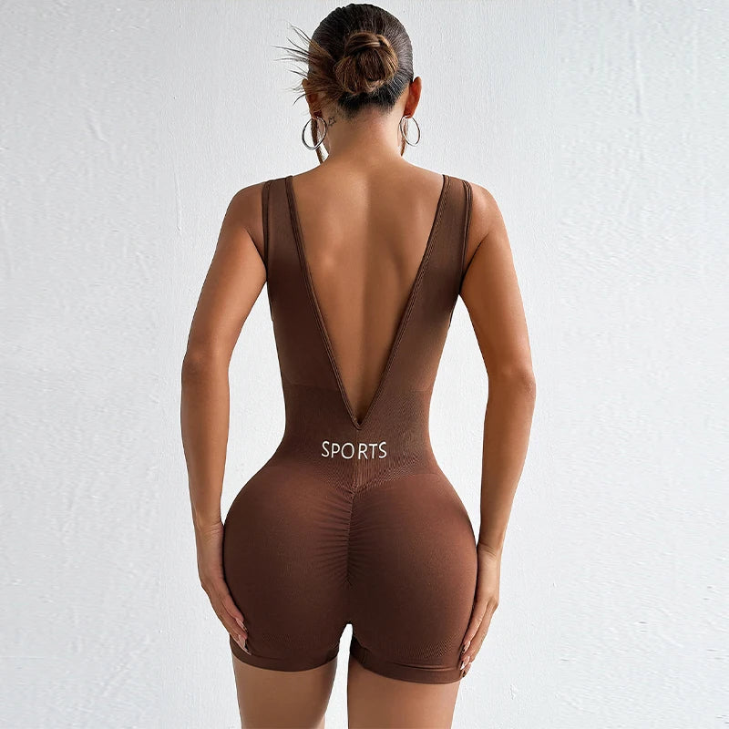 Solid Color Deep V Backless Yoga Jumpsuit Tight Fitting Short Shapewear