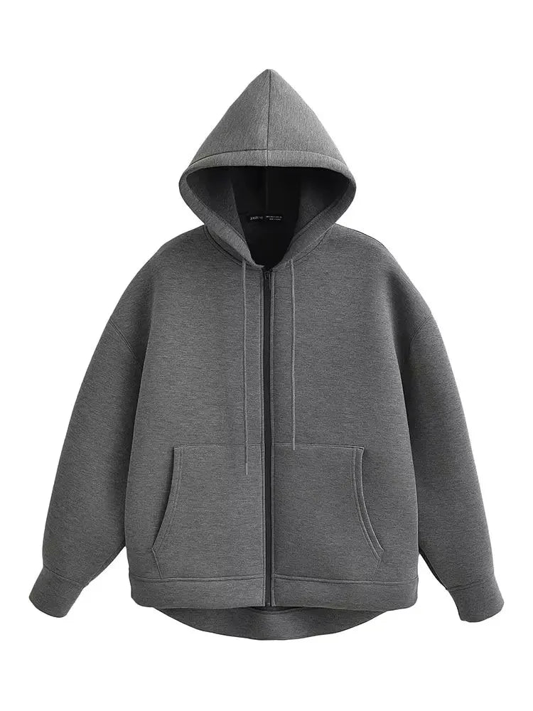 Gray Jacket With Hood Long Sleeve Big Pocket Zipper Jacket Coat Women