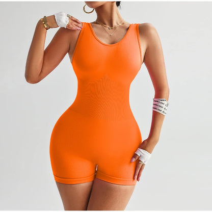 Solid Color Deep V Backless Yoga Jumpsuit Tight Fitting Short Shapewear