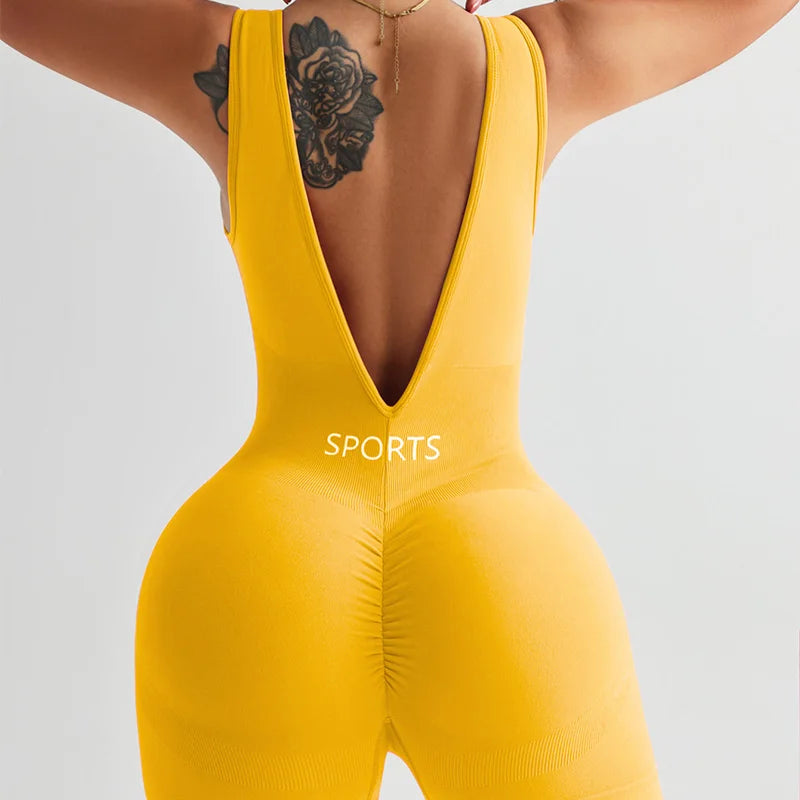 Solid Color Deep V Backless Yoga Jumpsuit Tight Fitting Short Shapewear