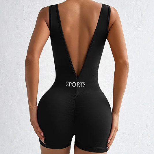 Solid Color Deep V Backless Yoga Jumpsuit Tight Fitting Short Shapewear