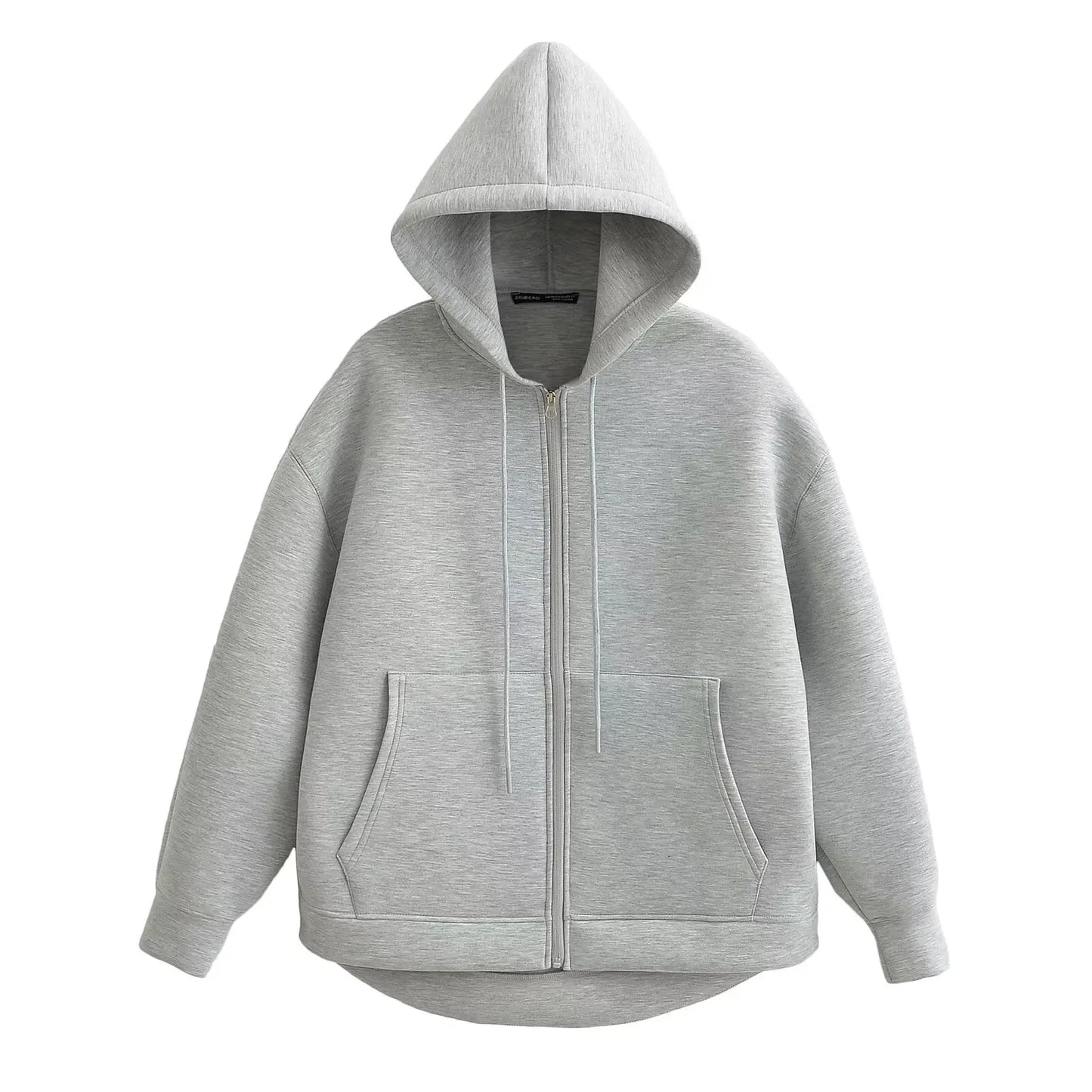 Gray Jacket With Hood Long Sleeve Big Pocket Zipper Jacket Coat Women